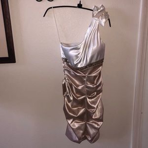 One shoulder gold and white dress